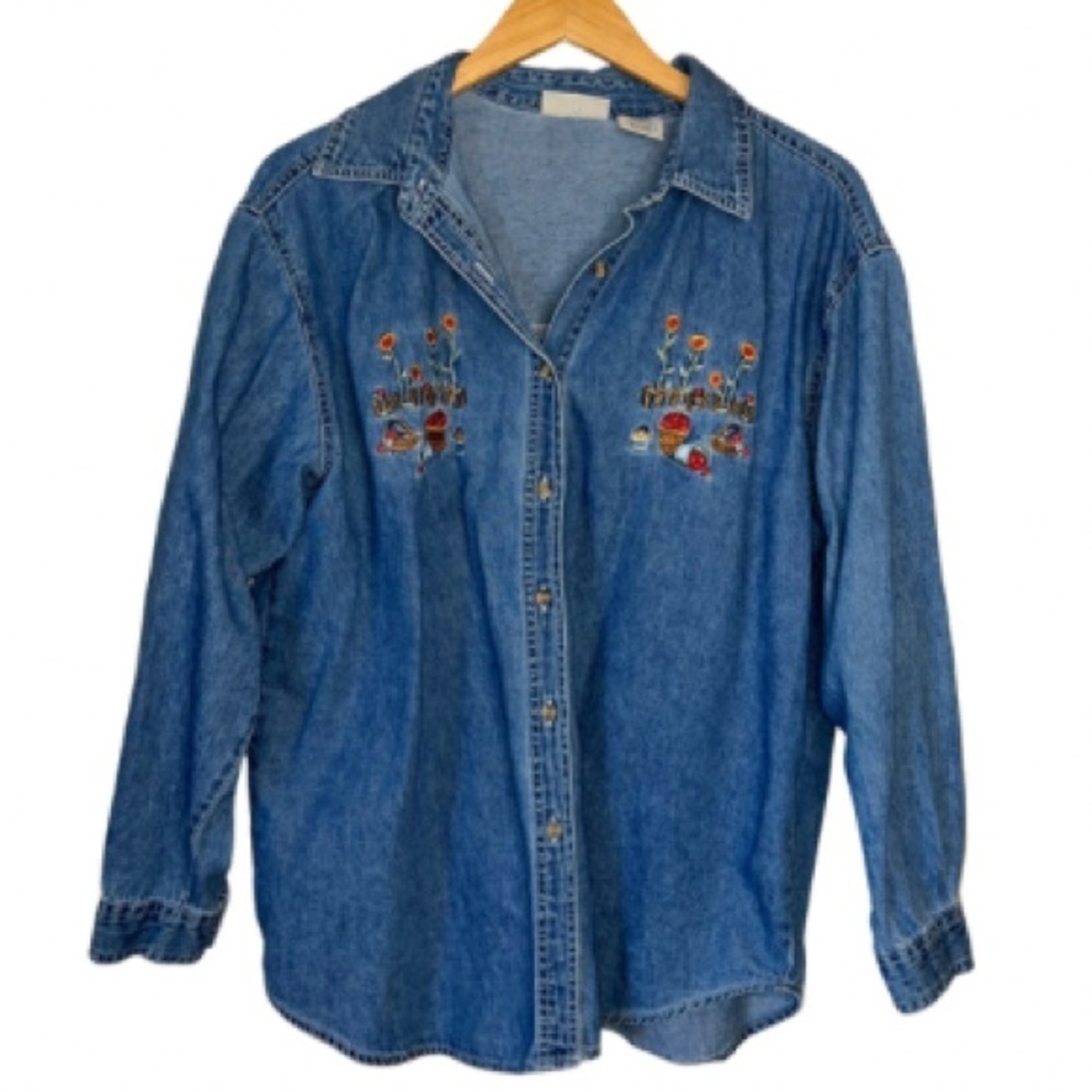 Vintage Cotton Denim Embroidered Apples and Sunflowers Button Down Shirt Large